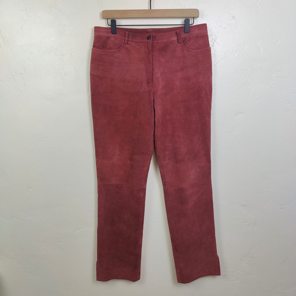 Vintage 90s DKNY Leather Womens Pants 10‎ Red Suede Straight Leg Mid Rise